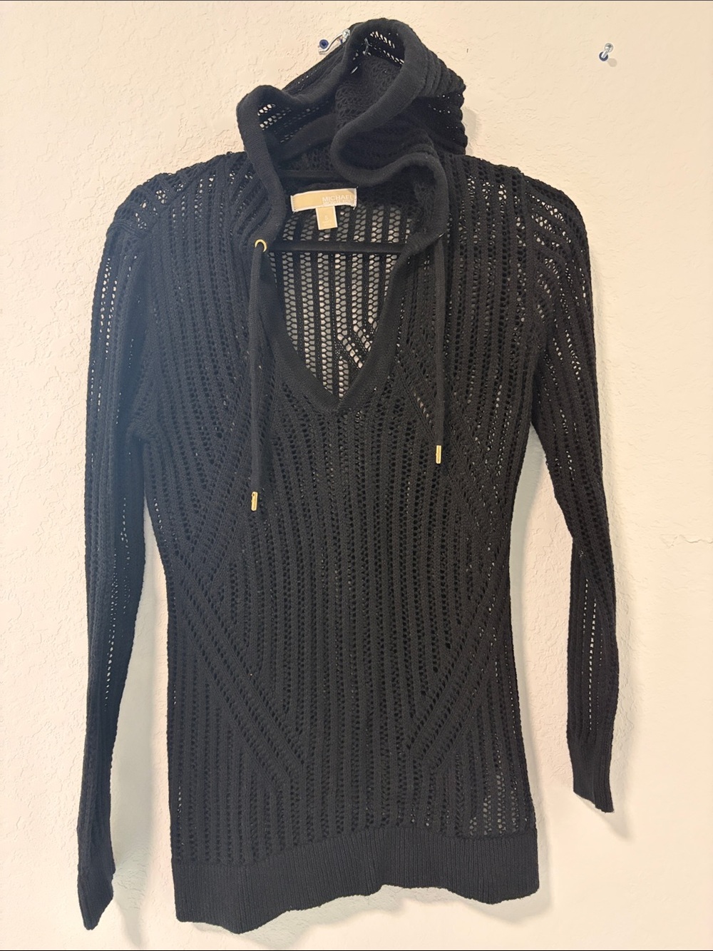 Michael Kors Black Open-Knit Hooded V-Neck Sweater